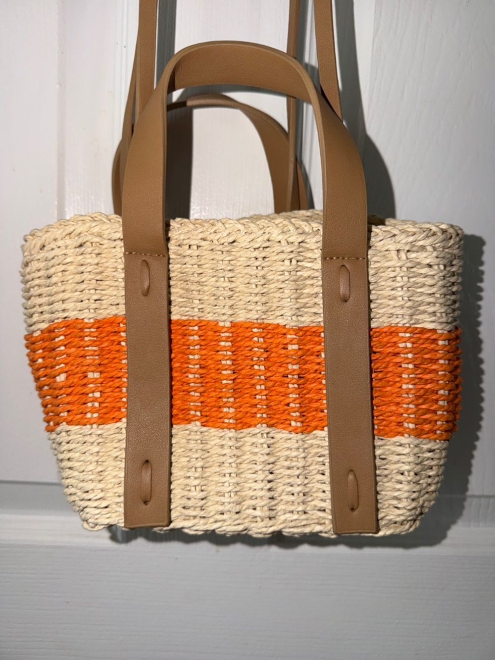 Aerie Woven Straw Tote with Orange Stripe and Tan Handles